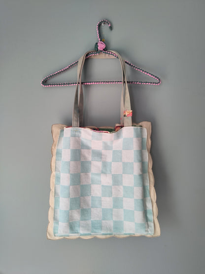 Scalloped Edge/Blue Checkered | Vintage Textile Tote