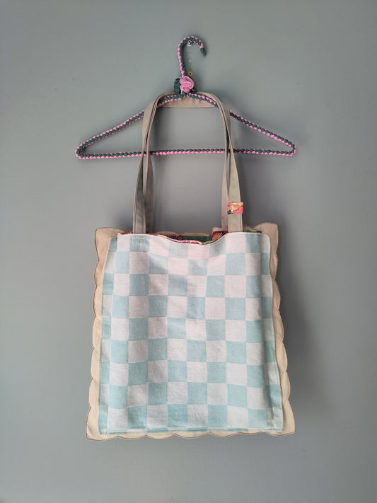 Scalloped Edge/Blue Checkered | Vintage Textile Tote